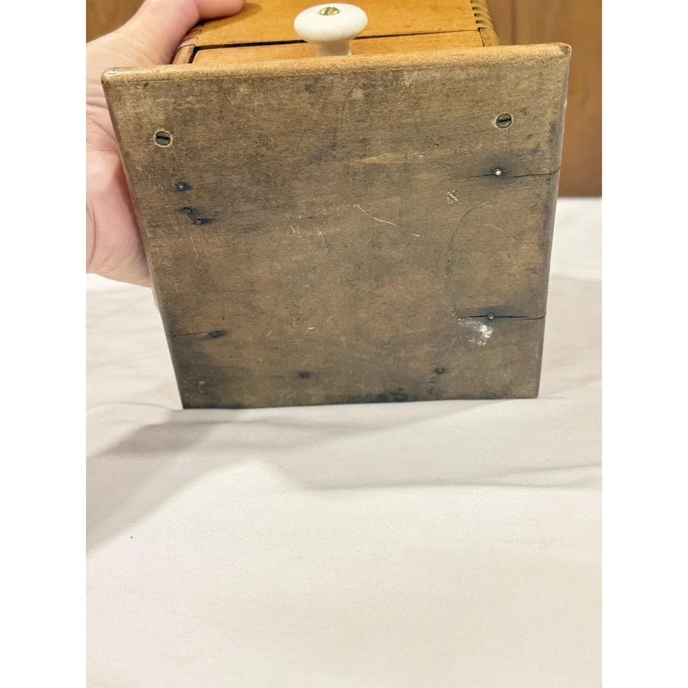 Antique Coffee Grinder Cast Iron Hand Crank Dovetailed Wood Box With Drawer